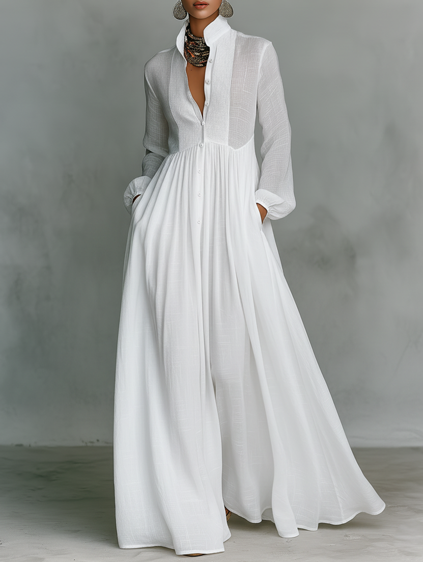Vitoria | Summer Minimalist in Cotton and Linen with Patchwork High Collar and Long Sleeves