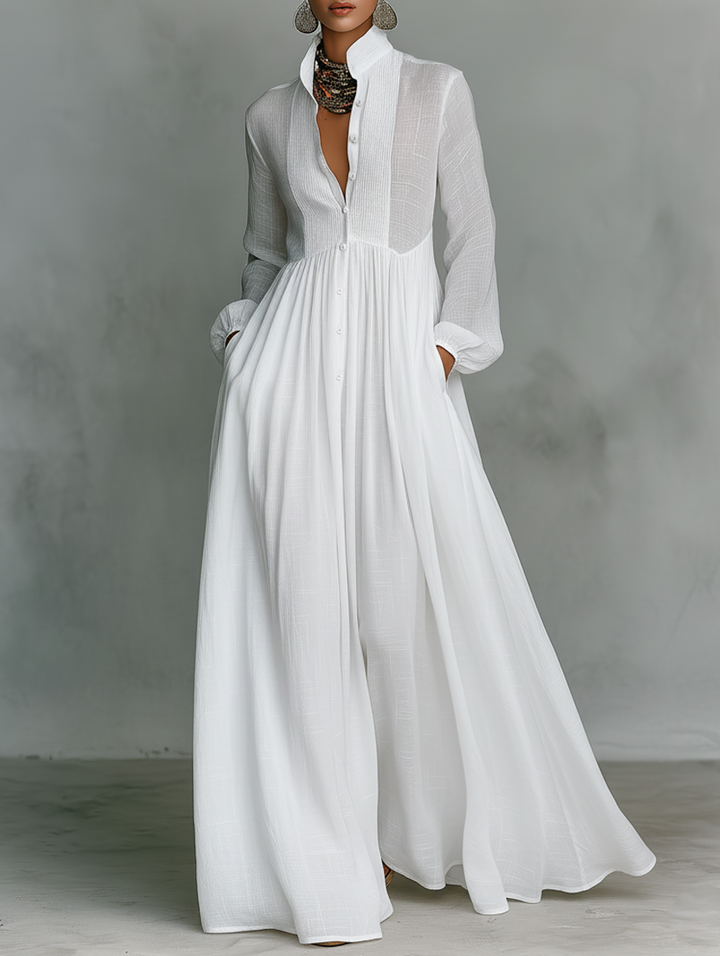 Vitoria | Summer Minimalist in Cotton and Linen with Patchwork High Collar and Long Sleeves
