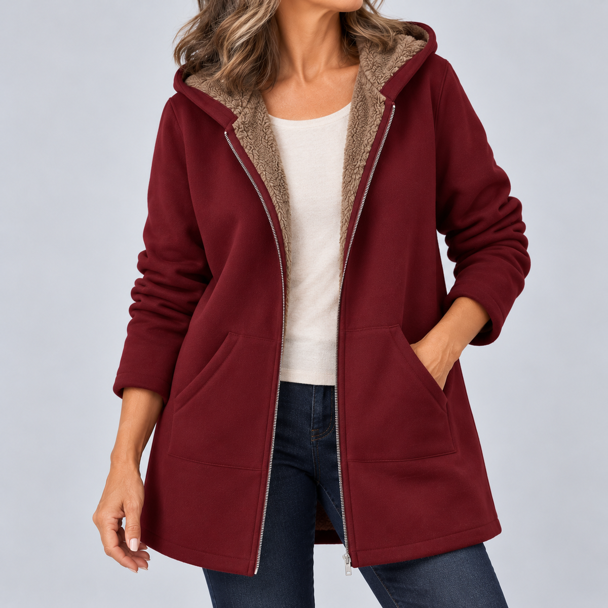Evelyn | Cozy Sherpa-Lined Hooded Coat