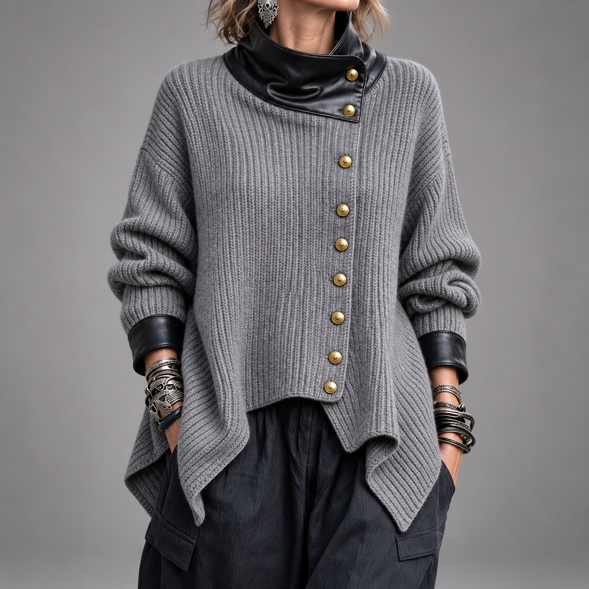 Olivia™ | Stylish Faux Leather Knit Cardigan Jacket