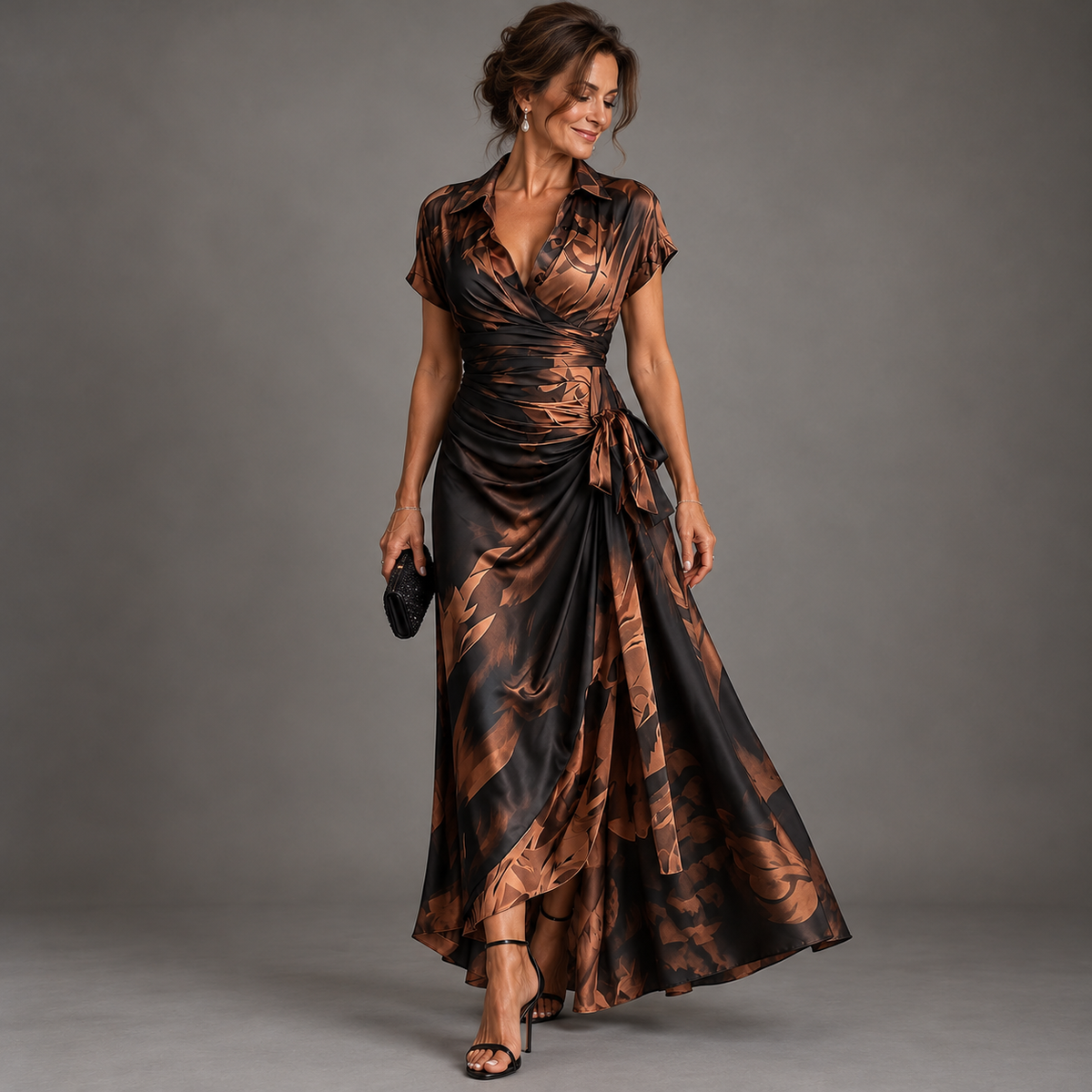 Francesca | Midi Wrap Evening Dress in Abstract Print