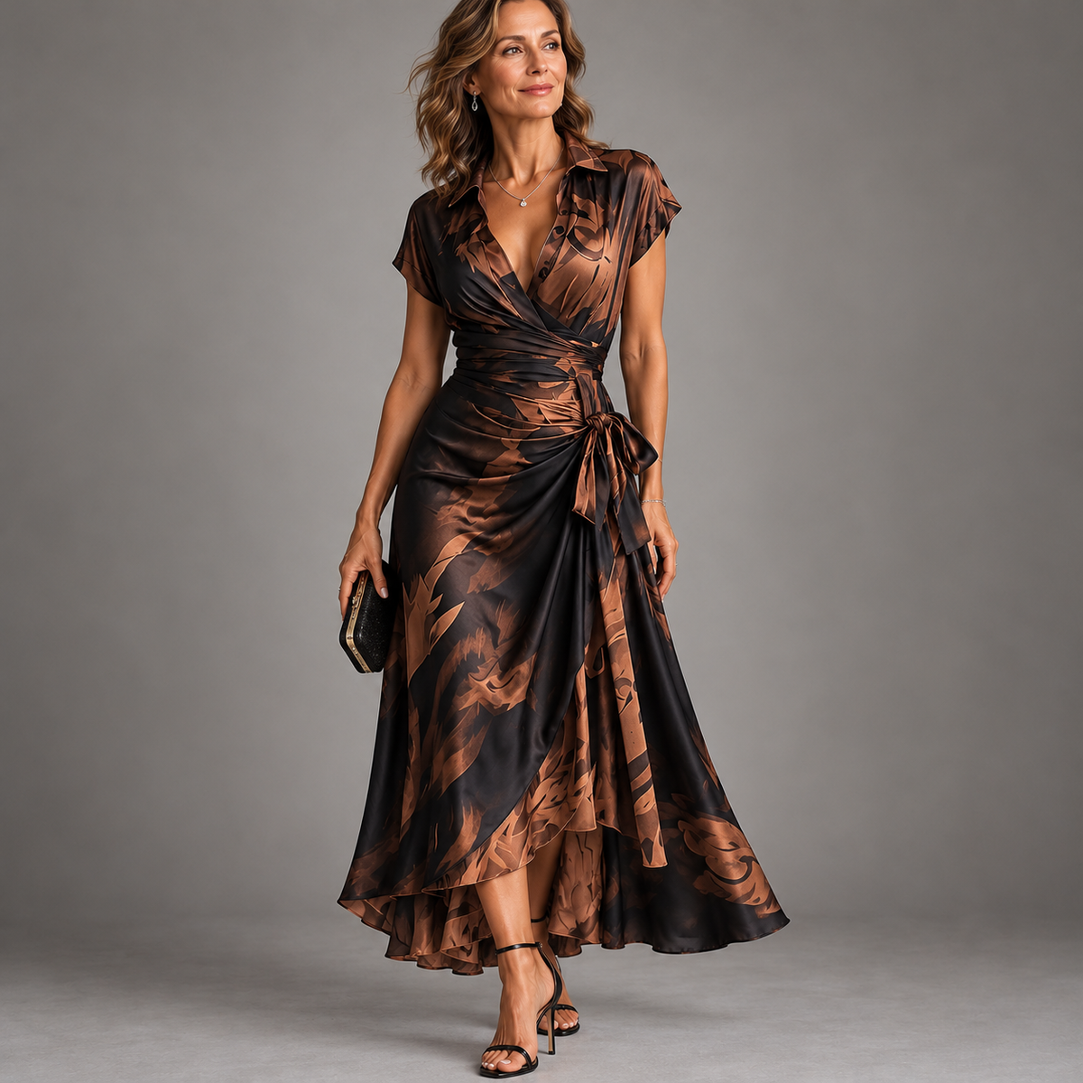 Francesca | Midi Wrap Evening Dress in Abstract Print