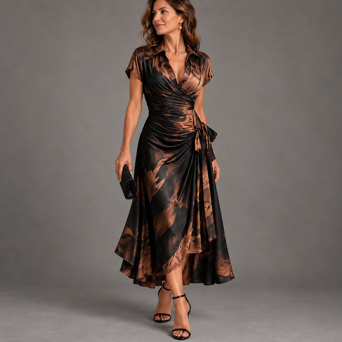 Francesca | Midi Wrap Evening Dress in Abstract Print