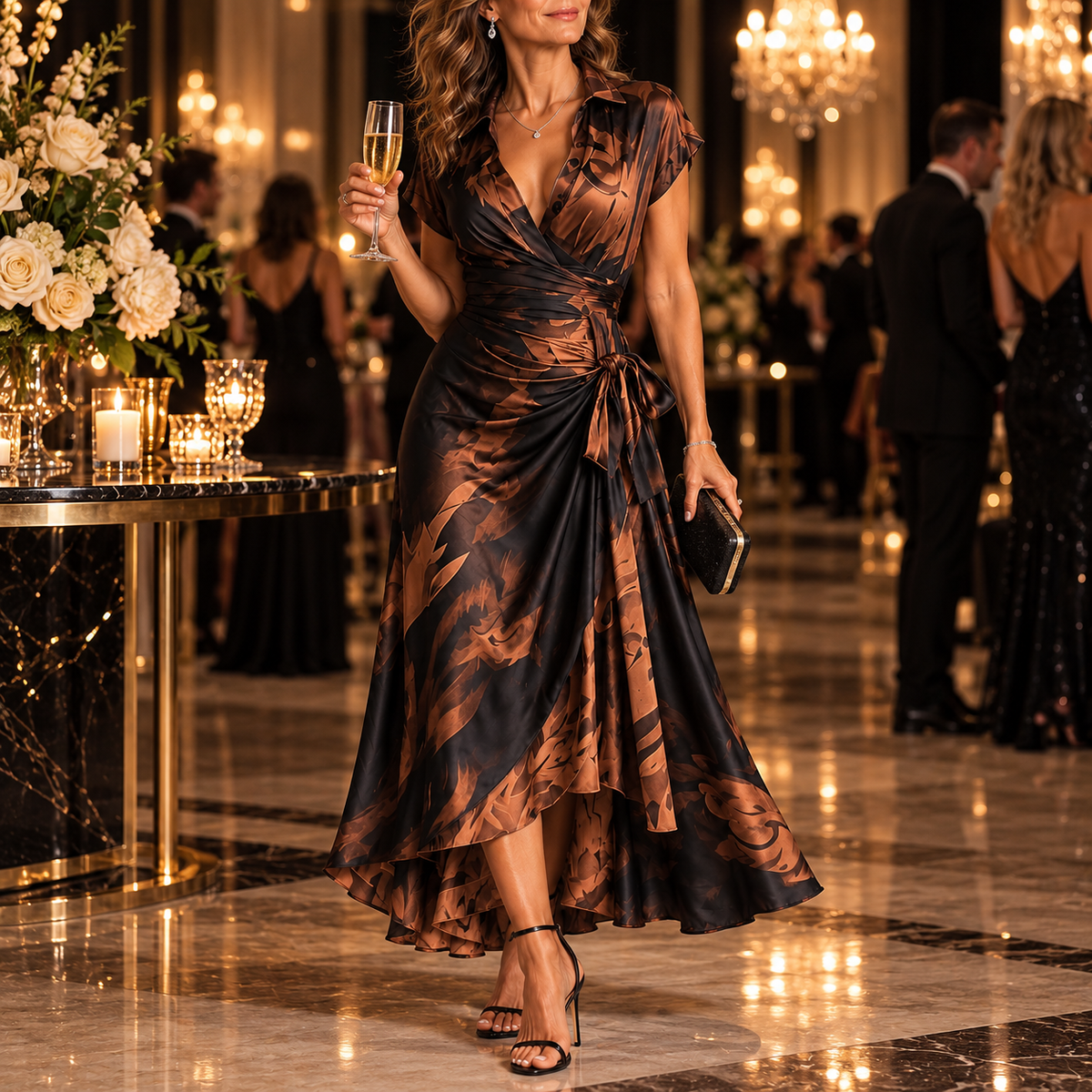 Francesca | Midi Wrap Evening Dress in Abstract Print