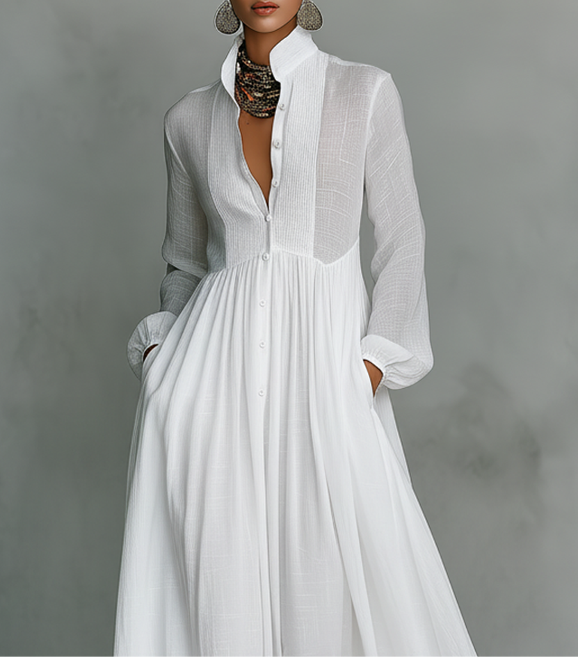 Vitoria | Summer Minimalist in Cotton and Linen with Patchwork High Collar and Long Sleeves