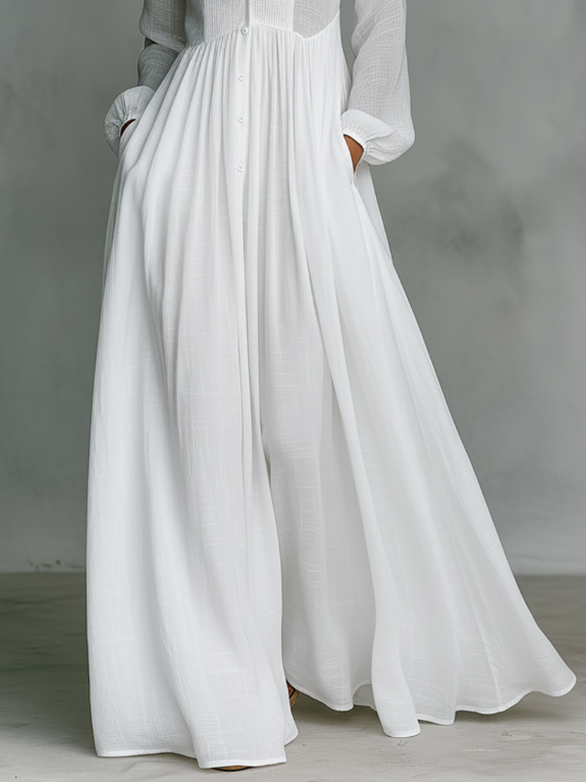 Vitoria | Summer Minimalist in Cotton and Linen with Patchwork High Collar and Long Sleeves